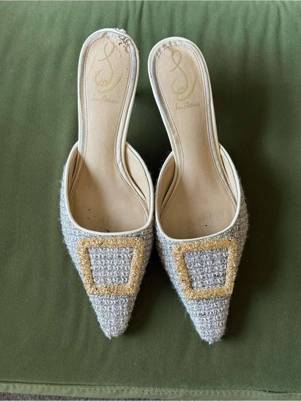 Sam Edelman Silver Tweed Pointed Mule with Gold Buckle